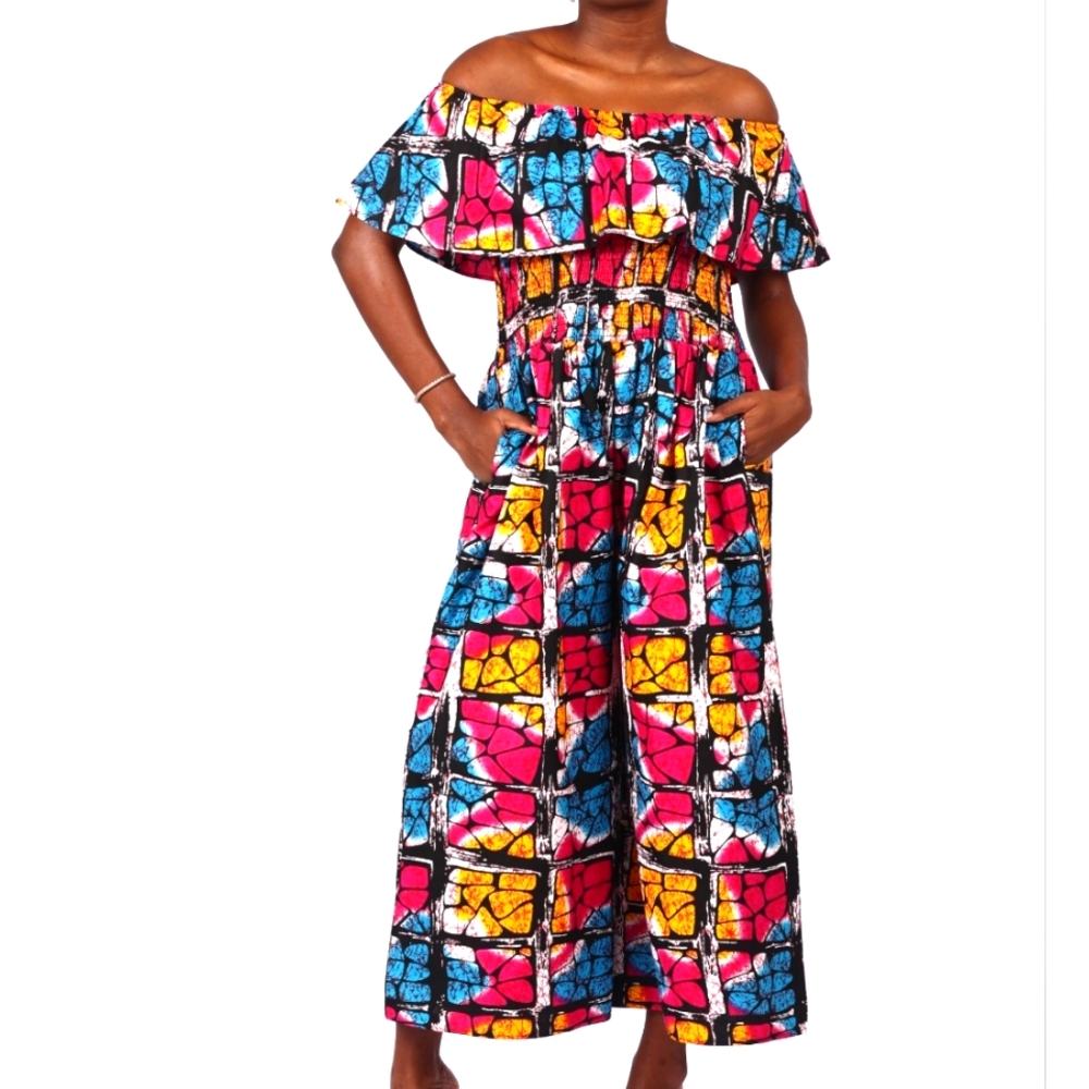 Elegant Pink, Yellow,  Blue & White Ruffle Off-Shoulder Jumpsuit with Headscarf